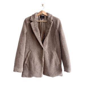 Banana Republic Women's Longline Sherpa Teddy Jacket Single Button Brown Large
